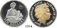 AUSLÄNDISCHE MÜNZEN,Ostkaribische Staaten  10 Dollars 2006 (Silber, Motivteile vergoldet).  80. Geburtstag von Königin Elizabeth II.  Rundfunkansprache.  Schön 78.