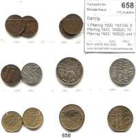Besetzte Gebiete - Kolonien - Danzig,Danzig 1 Pfennig 1930, 1937(4); 5 Pfennig 1923, 1932(2); 10 Pfennig 1923, 1932(2) und 1 Gulden 1923. LOT. 12 Stück.