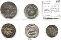 R E I C H S M Ü N Z E N,L O T S     L O T S     L O T S  Preußen, 2 Mark 1901; 5 Mark 1901; 3 Mark 1913; Württemberg, 3 Mark 1911(2).  Jaeger 105, 106, 110, 175, 177 a.  LOT. 5 Stück.