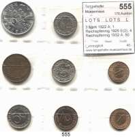 R E I C H S M Ü N Z E N,L O T S     L O T S     L O T S  3 Mark 1922 A; 1 Reichspfennig 1925 E(2); 4 Reichspfennig 1932 A; 50 Reichspfennig 1927 A, G; 2 Reichspfennig 1936 A und 50 Reichspfennig 1938 A.  Jaeger 302. 313(2), 315, 324(2), 352, 365.  LOT. 8 Stück.