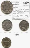 AUSLÄNDISCHE MÜNZEN,Monaco  10 Francs 1946; 20 Francs 1950; 100 Francs 1950 und 1956.  LOT. 4 Stück.