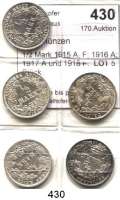 R E I C H S M Ü N Z E N,Kleinmünzen  1/2 Mark 1915 A, F; 1916 A; 1917 A und 1918 F.  LOT. 5 Stück.