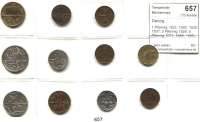 Besetzte Gebiete - Kolonien - Danzig,Danzig 1 Pfennig 1923, 1926, 1930, 1937; 2 Pfennig 1926; 5 Pfennig 1923, 1928, 1932; 10 Pfennig 1923, 1932 und 1 Gulden 1923. LOT. 11 Stück.