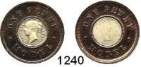 AUSLÄNDISCHE MÜNZEN,Großbritannien Viktoria 1837 - 1901 One Penny Model o.J.  Bi-Metall (Kupferring/silbernes Mittelteil).  22,5 mm.