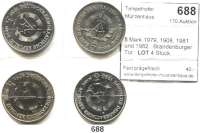 Deutsche Demokratische Republik,  5 Mark 1979, 1908, 1981 und 1982.  Brandenburger Tor.  LOT. 4 Stück.