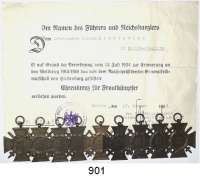 Orden, Ehrenzeichen, Militaria, Zeitgeschichte,Deutschland Deutsches Reich Ehrenkreuz für Frontkämpfer.  LOT. 9 Stück.  Alle Eisen.  Alles verschiedene Hersteller.  Beigegeben eine Urkunde (17.1.1936 Berlin-Steglitz) und eine blaue Verleihungstüte.