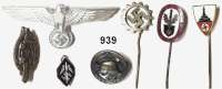 Orden, Ehrenzeichen, Militaria, Zeitgeschichte,Zeitgeschichte  -  Militaria  Drittes Reich, Sieben verschiedene Organisationsabzeichen und ein Mützenadler.  LOT. 8 Stück.