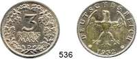 R E I C H S M Ü N Z E N,Weimarer Republik  3 Reichsmark 1932 D.  Jaeger 349.  Kursmünze.