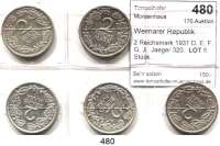 R E I C H S M Ü N Z E N,Weimarer Republik  2 Reichsmark 1931 D, E, F, G, J.  Jaeger 320.  LOT. 5 Stück.