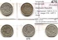 R E I C H S M Ü N Z E N,Weimarer Republik  1 Reichsmark 1926 A, D, E, F, G.  Jaeger 319.  LOT. 5 Stück.