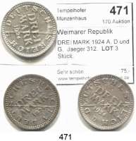 R E I C H S M Ü N Z E N,Weimarer Republik  DREI MARK 1924 A, D und G.  Jaeger 312.  LOT. 3 Stück.