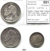 R E I C H S M Ü N Z E N,L O T S     L O T S     L O T S  Baden, 2 Mark 1906; 5 Mark 1891 und 1899.  Jaeger 29(2) und 32.  LOT. 3 Stück.