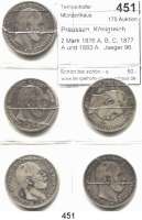 R E I C H S M Ü N Z E N,Preussen, Königreich Wilhelm I. 1861 - 1888 2 Mark 1876 A, B, C; 1877 A und 1883 A.  Jaeger 96.  LOT. 5 Stück.