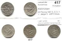 R E I C H S M Ü N Z E N,Kleinmünzen  20 Pfennig 1887 A, D, E, F, J.  Jaeger 6.  LOT. 5 Stück.