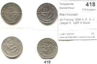 R E I C H S M Ü N Z E N,Kleinmünzen  20 Pfennig 1888 A, E, G, J.  Jaeger 6.  LOT. 4 Stück.