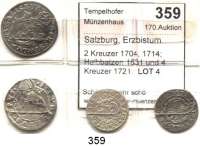 Deutsche Münzen und Medaillen,Salzburg, Erzbistum LOTS     LOTS     LOTS 2 Kreuzer 1704, 1714; Halbbatzen 1531 und 4 Kreuzer 1721.  LOT. 4 Stück.