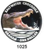 AUSLÄNDISCHE MÜNZEN,Australien  1 Dollar 2014 (Silberunze/Farbmünze).  Salzwasserkrokodil 