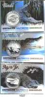 AUSLÄNDISCHE MÜNZEN,Australien  1 Dollar (Silberunze) 2013 bis 2015.  Salzwasserkrokodile.  LOT. 3 Stück.  Jeweils im Blister.