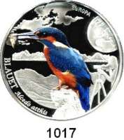 AUSLÄNDISCHE MÜNZEN,Andorra  5 Diners 2014 (Halbunze Silber/Farbmünze).  Farbenfrohe Vögel - Eisvogel.  Schön 509.  Im Originaletui mit Zertifikat.