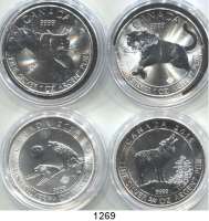 AUSLÄNDISCHE MÜNZEN,Kanada  2 Dollars 2015 und 2016 (3/4 Unze Silber).  Wolf, Polarwölfe; 5 Dollars 2016 und 2017 (Silberunze).  Puma, Schneeleopard.  LOT. 4 Stück.
