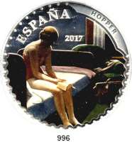 AUSLÄNDISCHE MÜNZEN,E U R O  -  P R Ä G U N G E N Spanien 50 Euro 2017 (5 Unzen Silber/Farbmünze).  5. Serie - Schätze Spanischer Museen - Edward Hopper.  Im Originaletui mit Zertifikat.