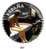 AUSLÄNDISCHE MÜNZEN,E U R O  -  P R Ä G U N G E N Spanien 50 Euro 2017 (5 Unzen Silber/Farbmünze).  5. Serie - Schätze Spanischer Museen - Edward Hopper.  Im Originaletui mit Zertifikat.