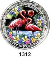 AUSLÄNDISCHE MÜNZEN,Niue  2 Dollars 2021 (Silberunze/Farbmünze).  Love is Precious - Flamingos.  Im herzförmigen Originaletui mit Zertifikat.