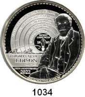 AUSLÄNDISCHE MÜNZEN,Barbados  5 Dollars 2022 (Silberunze).  Thomas Edison.  Mit Zertifikat.