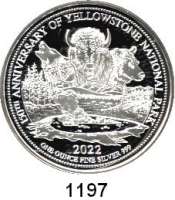 AUSLÄNDISCHE MÜNZEN,Fidschi  1 Dollar 2022 (Silberunze).  150 Jahre Yellowstone Nationalpark.  Mit Zertifikat.
