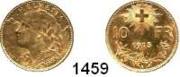 AUSLÄNDISCHE MÜNZEN,Schweiz  10 Franken 1915 (2,89 g fein).  HMZ. 2-1196 e.  Schön 33.  KM 36.  Fb. 504.  GOLD.