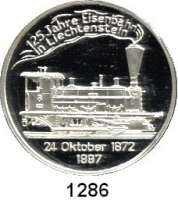 AUSLÄNDISCHE MÜNZEN,Liechtenstein Johann Adam II. 1989 - 20 Euro-Medaille 1997 (Silber 925/1000, 24,94 g.).  125 Jahre Eisenbahn.