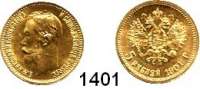 AUSLÄNDISCHE MÜNZEN,Russland Nikolaus II. 1894 - 1917 5 Rubel 1901.  (3,87g fein).  Bitkin 27.  Schön 14.3.  Y. 62.  Fb. 180.  GOLD.