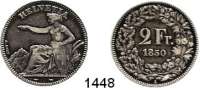 AUSLÄNDISCHE MÜNZEN,Schweiz Eidgenossenschaft 2 Franken 1850.  Sitzende Helvetia.  HMZ. 2-1201 a.  Schön 14.  KM 10.