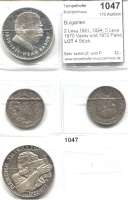 AUSLÄNDISCHE MÜNZEN,Bulgarien L O T S      L O T S      L O T S 2 Leva 1891, 1894; 5 Leva 1970 Vazov und 1972 Paisij.  LOT. 4 Stück.