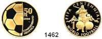AUSLÄNDISCHE MÜNZEN,Schweiz Eidgenossenschaft 50 Franken 2004 (10,16 g fein).  100 Jahre Internationaler Fußballverband.  Schön 108.  KM 123.  Fb. 524.  Im Originaletui mit Zertifikat..  GOLD.
