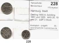 Deutsche Münzen und Medaillen,Hamburg, Stadt Freie und Hansestadt seit 1815 Dreiling 1855 A; Schilling 1851 und 1855.  AKS 35, 19 und 21.  LOT. 3 Stück.