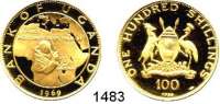 AUSLÄNDISCHE MÜNZEN,Uganda  100 Shillings 1969 (12,43g fein).  Papst Paul VI..  Schön 15.  KM 15.  Fb. 3.  Im Originalklapptasche mit Zertifikat.  GOLD.