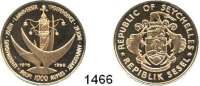 AUSLÄNDISCHE MÜNZEN,Seychellen  1000 Rupees 1986 (14,63g fein).  10 Jahre Unabhängigkeit.  Schön 59.  KM 56.  Fb. 6.  Im Originaletui mit Zertifikat.  GOLD.