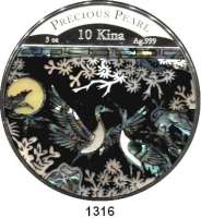 AUSLÄNDISCHE MÜNZEN,Papua Neu-Guinea  10 Kina 2014 (3 Unzen Silber).  Precious Pearl - Kraniche (Motiv mit Perlmut).  KM 67.  Im Originaletui mit Zertifikat.