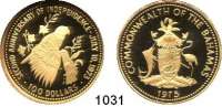 AUSLÄNDISCHE MÜNZEN,Bahamas  100 Dollars 1975 (9g fein).  Bahama - Weißkopfamazone.  Schön 51.  KM 77.  Fb. 23.  Im Originaletui.  GOLD.