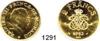 AUSLÄNDISCHE MÜNZEN,Monaco  2 Francs 1982 (14,21g fein).  Rainer III..  Schön 36 c.  KM 157.  Fb. 35 e.  Im Originaletui mit Zertifikat.  GOLD.