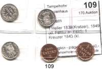 Deutsche Münzen und Medaillen,Bayern LOTS     LOTS     LOTS 1 Heller 1839(Kratzer), 1849(kl. Fehler im Feld); 1 Kreuzer 1843 (kl. Prägefehler im Feld), 1848 und 1871.: LOT. 5 Stück.
