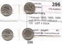Deutsche Münzen und Medaillen,Württemberg LOTS     LOTS     LOTS 1 Kreuzer 1856, 1865, 1869 und 1871.  AKS 110 und 128.  LOT. 4 Stück.