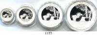 AUSLÄNDISCHE MÜNZEN,China Volksrepublik seit 1949 China Show Panda Internationale Münzmesse München 2017.  1/10, 1/4, 1/2 und 1 Unze Silber.  Im Originaletui mit Zertifikat.