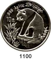 AUSLÄNDISCHE MÜNZEN,China Volksrepublik seit 1949 10 Yuan 1993 (Silberunze).  Kleine Jahreszahl.  Panda auf Felsen.  Schön 522.  KM 485.  In Kapsel.  Verschweißt.
