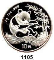 AUSLÄNDISCHE MÜNZEN,China Volksrepublik seit 1949 10 Yuan 1994 (Silberunze).  Panda mit Bambuszweig.  Lange Serifen.   Schön 621.  KM 622.  In Kapsel.