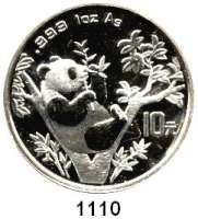 AUSLÄNDISCHE MÜNZEN,China Volksrepublik seit 1949 10 Yuan 1995 (Silberunze).  Panda in einer Astgabel beim Verzehr von Bambus.  Zweig mit 9 Blättern.  Schön 777.  KM 732.  In Kapsel.