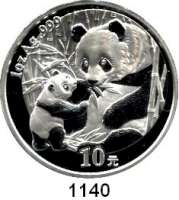 AUSLÄNDISCHE MÜNZEN,China Volksrepublik seit 1949 10 Yuan 2005 (Silberunze).  Sitzender Panda mit stehendem Jungtier.  Schön 1467.  KM 1589.  In Kapsel.  Verschweißt mit Zertifikat.
