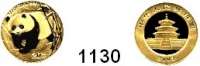 AUSLÄNDISCHE MÜNZEN,China Volksrepublik seit 1949 20 Yuan 2002.  (1/20 Unze 1,55g fein).  Panda aus Bambuspflanzung hervorkommend.  Schön 1270.  KM 1366.  Fb. B 18.  In Kapsel.  GOLD.