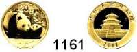 AUSLÄNDISCHE MÜNZEN,China Volksrepublik seit 1949 20 Yuan 2011.  (1/20 Unze 1,55g fein).  Panda mit Jungtier.  Schön 1833.  KM 1979.  Fb. B 18.  Verschweisst.  GOLD.